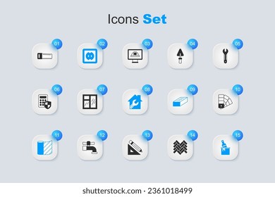 Set Parquet, Window in room, Electrical outlet, Wallpaper, Paint bucket with brush, Color palette guide, Hand saw and House wrench spanner icon. Vector