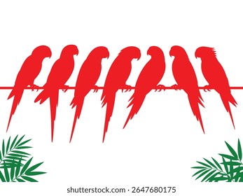 Set of parrot bird silhouettes on branch, tropical exotic macaw bird vector collection