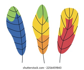 Juego de plumas de loro al estilo doodle. Bonitos elementos de diseño.