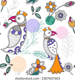 Set of parrot seamless colourful repeat pattern. Indian beautiful art. Multipurpose 