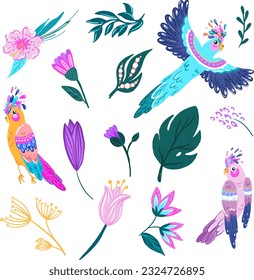 Set with parrot and tropical flowers and plants. Print for t-shirt, clothing, cards, message and more design.
