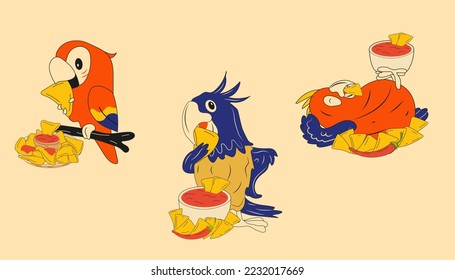Set of  parrots mascots eat nachos. Mexican nachos chips fast food snack