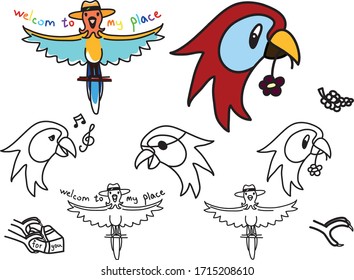 Set of parrots. The parrot is a pirate, the parrot sings, the parrot is a romantic. Black-and-white and multicolored vector illustrations