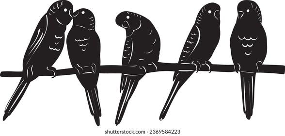 set of parrots sitting on a branch silhouette, on a white background, vector