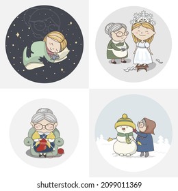 Set (part 1) of cute grandmother's winter activities.