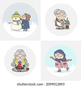 Set (part 2) of cute grandmother's winter activities