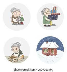 Set (part 3) of cute grandmother's winter activities.