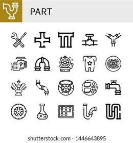 Set of part icons such as Pipe, Settings, Pipes, Engine, Wheel, Body, Water pipe, Brake, Chicken breast, Chemical, Gearstick, Piping , part