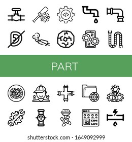 Set of part icons. Such as Pipe, Deaf, Settings, Muffler, Wheel, Setting, Mechanic, Boat engine, Broken pipe , part icons