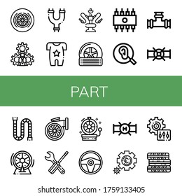 Conjunto de iconos de pieza. Tales como Rueda, Ajustes, Tuberías, Cuerpo, Tubo de agua, Neumático, Rom, Oído, Tubería, Turbo, Volante de dirección, Ajuste, Neumáticos, iconos de pieza