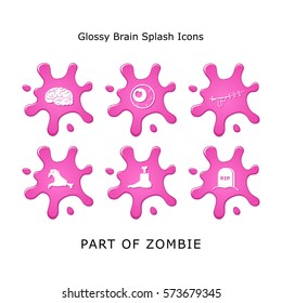 Set Part Of Zombie Glossy Brain Splash Icons Web Designers Mobile User Interface Designers