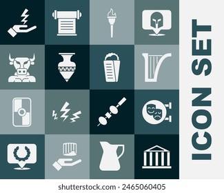 Set Parthenon, Comedy and tragedy masks, Harp, Torch flame, Ancient amphorae, Minotaur, Zeus and Gyros Pita Greek icon. Vector