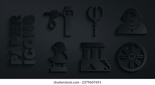 Ponga Partenón, Cíclopes, escultura de busto antiguo, rueda de madera antigua, Tridente de Neptuno e icono de la horca. Vector