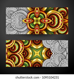 Set of Partially Colored Banners, Web Design Element. Ornament, Tile Pattern, Fantastic Kaleidoscope. Corporate Identity Template. Realistic Glossy Ornament, Coloring Book Page. Vector 3d Illustration