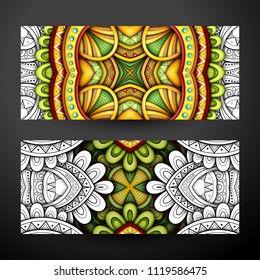 Set of Partially Colored Banners, Web Design Element. Ornament, Tile Pattern, Fantastic Kaleidoscope. Corporate Identity Template. Realistic Glossy Ornament, Coloring Book Page. Vector 3d Illustration