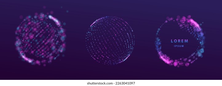 Set of particles neon splash earth globe sphere shapes design. Modern technology and science big data ai vector.