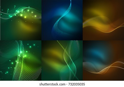 Set of particles smoke wave backgrounds, vector wavy lines created with dots, digital techno templates