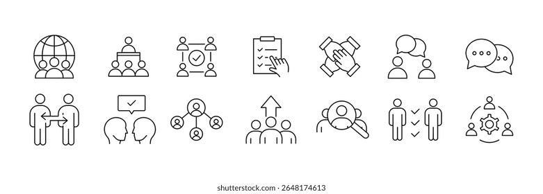 Symbolsammlung für Partnerschaftspositionen. Geschäft, Vereinbarung, Zusammenarbeit, Gespräch, Teamarbeit, Arbeitsgruppen-Symbol.