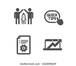 Set of Partnership, Technical documentation and Quick tips icons. Sales diagram sign. Business startup, Manual, Helpful tricks. Sale growth chart.  Classic design partnership icon. Flat design. Vector