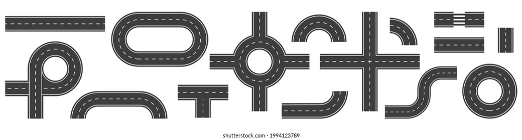 A set of parts of an asphalt road to create your roadmap. Vector illustration
