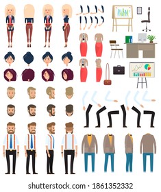 Set of parts of bodies, businesswoman and businessman office suits, hands, legs, heads. Side, front, back view. Office items, table with computer, board with presentation, graphics, armchair, suitcase