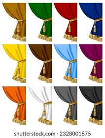 Set of parts of classic curtain in different colors with gold tassels and fringes isolated on white. Vector illustration