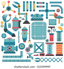 Set of parts for a machine or a robot. The metal elements and assemblies.