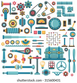 A set of parts of machinery. Gears, pipes, fittings, flanges, levers, propellers, housings, brackets, buttons, switches, knobs, lamps and other.