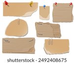 A set of parts made of textured cardboard and kraft paper with torn edges. These realistic pieces are secured with paper clips, nails and staples, ideal for product mockups. Isolated background.