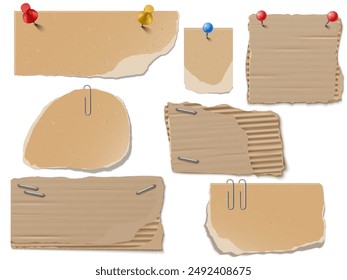 A set of parts made of textured cardboard and kraft paper with torn edges. These realistic pieces are secured with paper clips, nails and staples, ideal for product mockups. Isolated background.