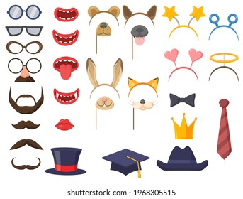 Set of party accessories for photobooth. Cartoon vector illustration. Funny carnival masks, ears, mouths, eyeglasses and headbands templates. Birthday party, photo accessories, animal costume concept