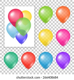 Set of party balloons on transparent background. Different colored realistic balloons vector illustration.