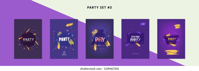 Set of Party banners. Vertical flyers for holiday design with geometric decorative elements. Cards for social media invitation. Memphis style posters with creative lettering. Vector illustration.