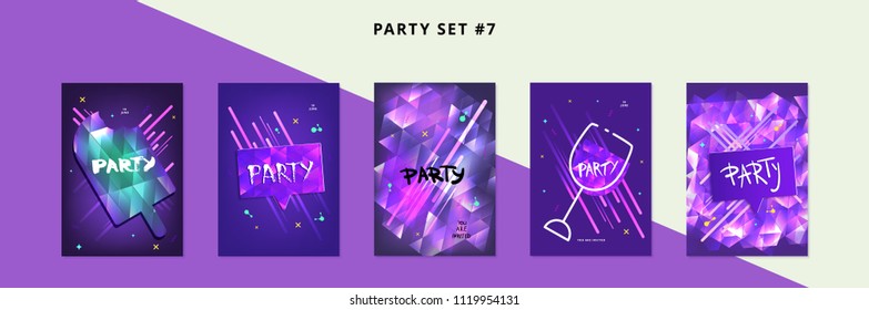 Set of Party banners. Vertical flyers for holiday design with shine geometric decorative elements.  Posters with creative lettering. Vector illustration.