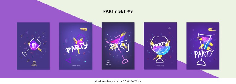 Set of Party banners with wineglasses shapes. Vertical flyers for holiday design with  geometric shine decorative elements.  Posters with creative lettering. Vector illustration.