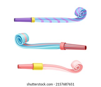 Set of party blower whistles. Happy party, holiday celebration symbol cartoon vector illustration