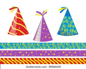 A set of  party cap decorated with stars, bubble, spiral & more beautiful color like red, purple, blue, yellow for party, Christmas, New year & other occasions.