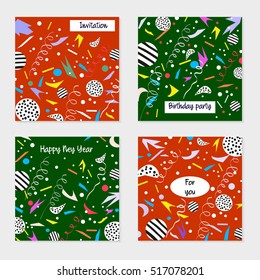 Set of party cards and invitations. Design for poster, placard, brochure, flyer. Birthday backgrounds with confetti, abstract modern style.