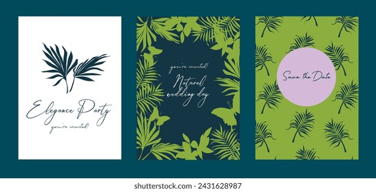 Set of party cards with tropical leaves, can be used as wedding invitations, green colors, vector illustration