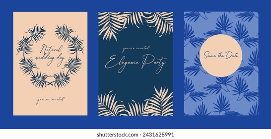Set of party cards with tropical leaves, can be used as wedding invitations, elegance blue colors, vector illustration