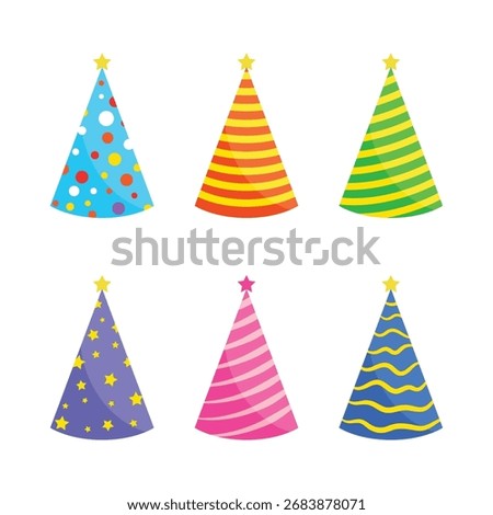 Set of Party celebration cone hat collection. set of party cone caps. birthday cone caps in bright colors with star. set of birthday hat. vector fun decoration