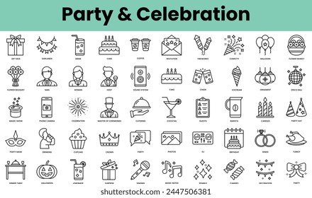 Conjunto de iconos de fiesta y celebración. Paquete de iconos de estilo lineal. Ilustración vectorial