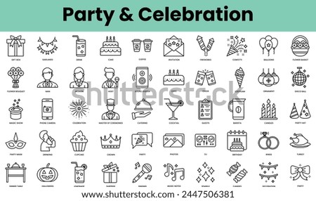 Set of party and celebration icons. Linear style icon bundle. Vector Illustration