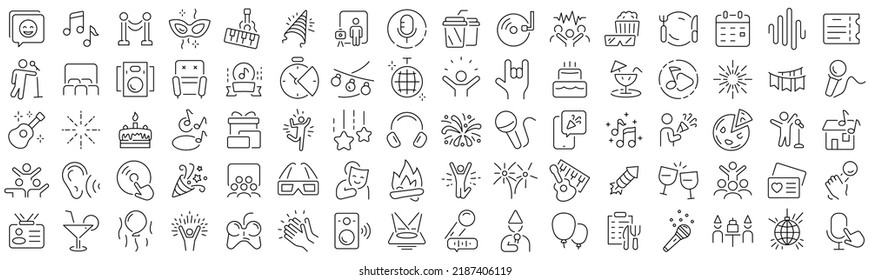 Set of party celebration line icons. Collection of black linear icons