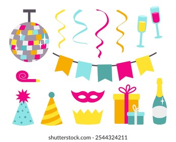 Set of party decoration elements in cartoon flat style isolated on white..