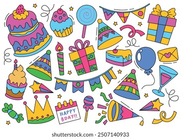 Set of party doodle. Sketch of Birthday decoration, gift box, cake, party hats in sketch style. Hand drawn vector illustration.