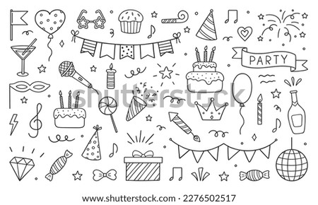 Set of party doodle. Sketch of Birthday decoration, gift box, cake, party hats in sketch style. Hand drawn vector illustration isolated on white background.