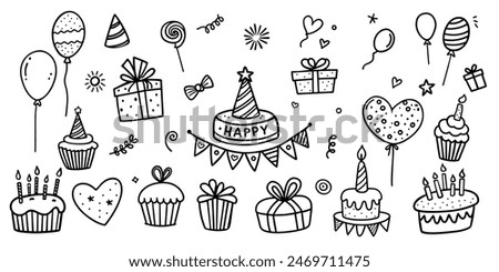 Set of party doodle. Sketch of Birthday decoration, gift box, cake, party hats in sketch style. Hand drawn vector illustration isolated on white background.