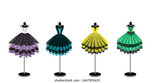 Set of party dress on mannequin. Princess style. Fashion illustration.