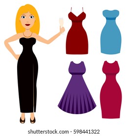 Set of party dresses, isolated on white. Cartoon blonde girl in evening dress toasting champagne. Flat style vector illustration of full body detailed character